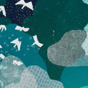 teal and navy wallpaper with birds in sky