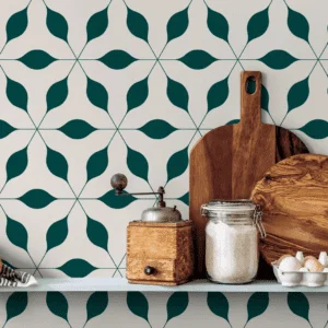 leaf pattern wallpaper behind cutting boards and spices