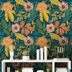 green floral patterned wallpaper with pink and yellow flowers