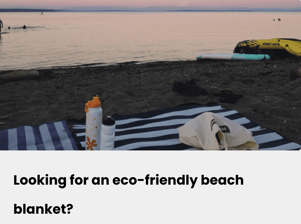 thumbnail for eco-friendly beach blanket article plus image of sunset over lake with beach blanket on the shore