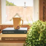 window ledge with books, tea and plant