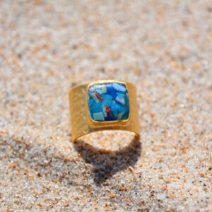 gold ring with colorful upcycled plastic stone