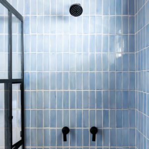 blue recycled tile in sustainable bathroom renovation