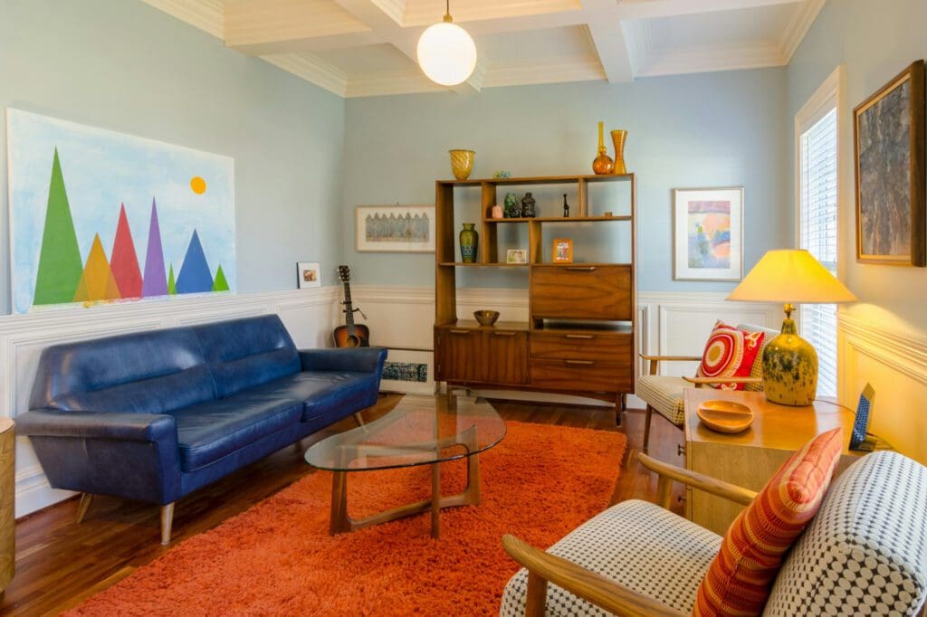 bright blue sofa in modern interior design style