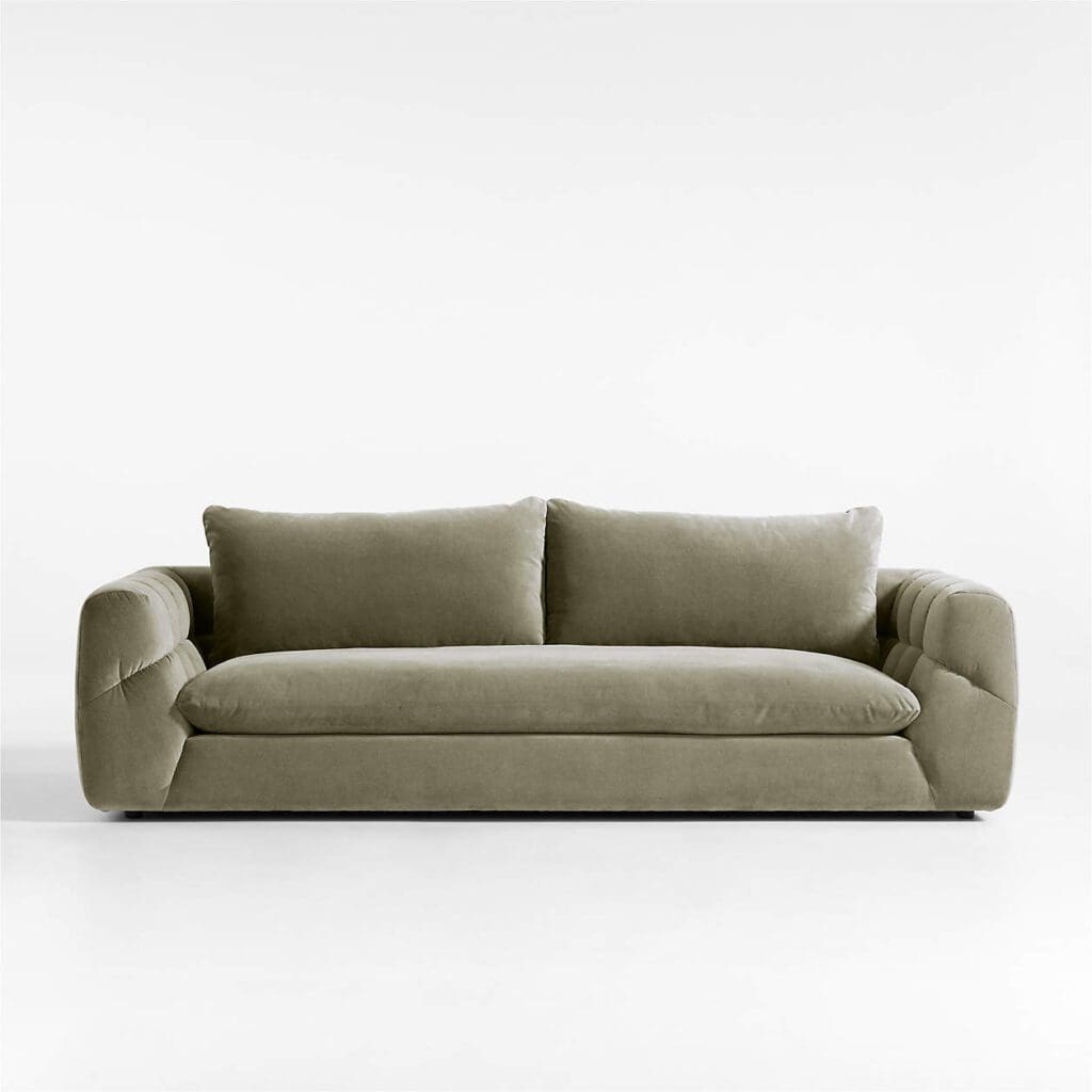 modern, curvy, mid-century style olive green velvet sofa